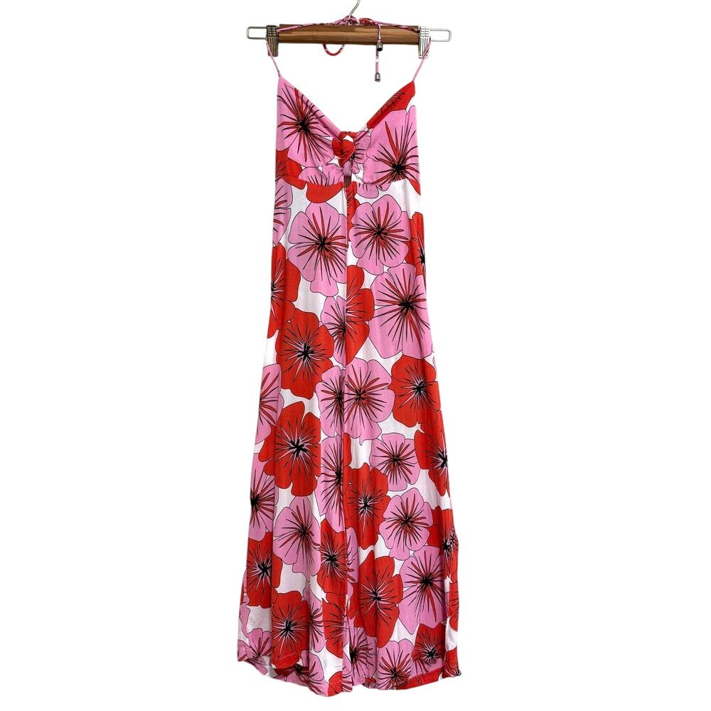 Ava Sky Womens Floral Jumpsuit XS Pink Red Halter Hawaiian Beach Tropical